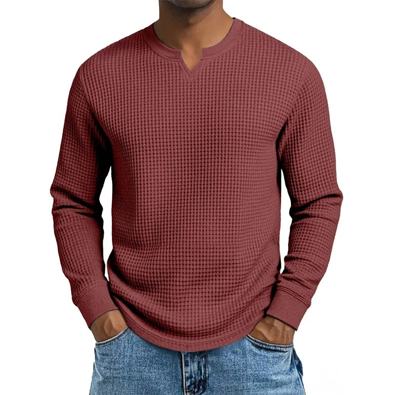 🍂 Men’s Slim-Fit Waffle-Knit V-Neck Shirt – Refined Comfort & Effortless Autumn Style