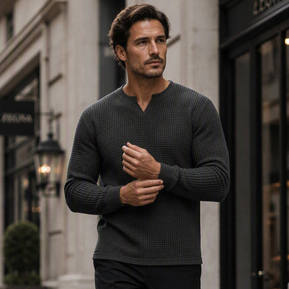 🍂 Men’s Slim-Fit Waffle-Knit V-Neck Shirt – Refined Comfort & Effortless Autumn Style
