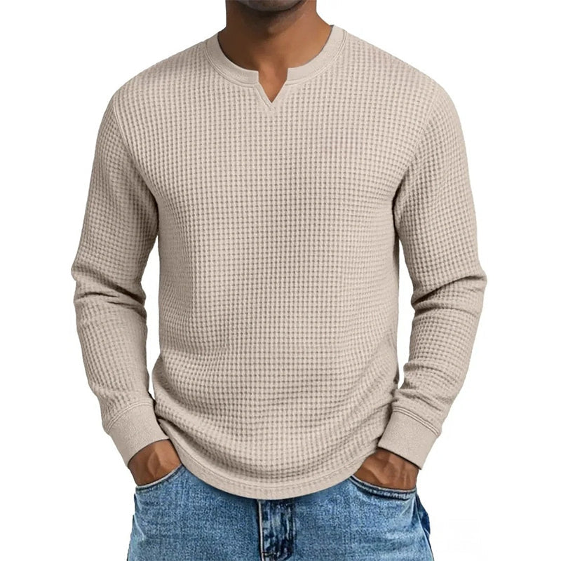 🍂 Men’s Slim-Fit Waffle-Knit V-Neck Shirt – Refined Comfort & Effortless Autumn Style