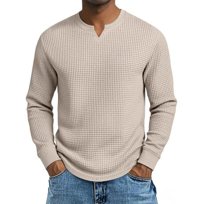 🍂 Men’s Slim-Fit Waffle-Knit V-Neck Shirt – Refined Comfort & Effortless Autumn Style
