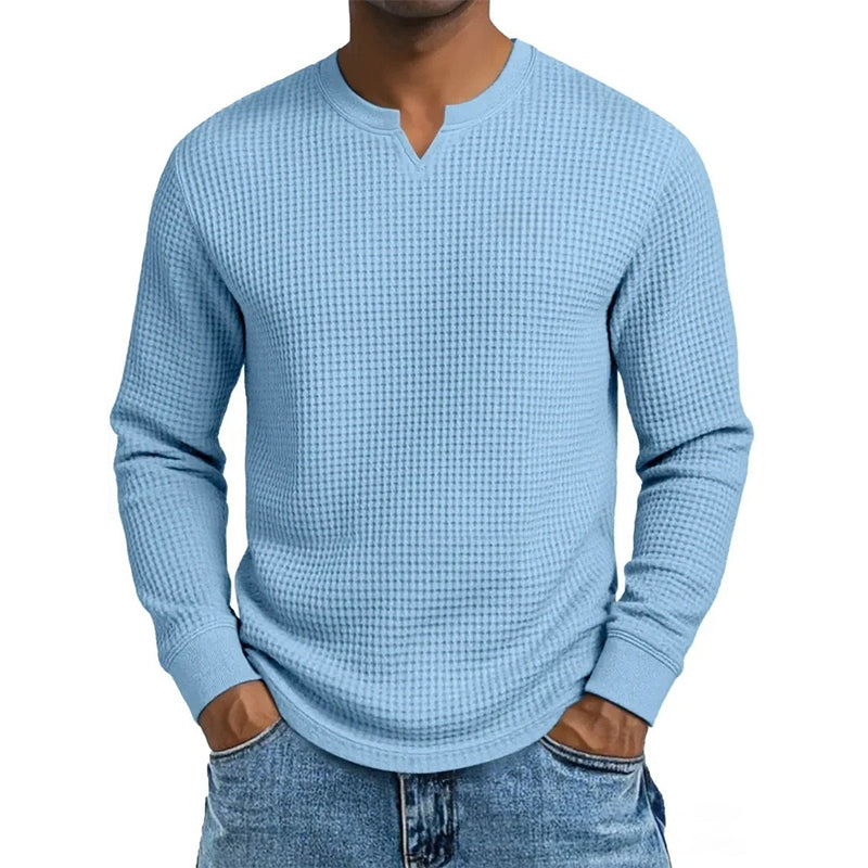 🍂 Men’s Slim-Fit Waffle-Knit V-Neck Shirt – Refined Comfort & Effortless Autumn Style