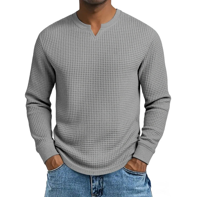 🍂 Men’s Slim-Fit Waffle-Knit V-Neck Shirt – Refined Comfort & Effortless Autumn Style