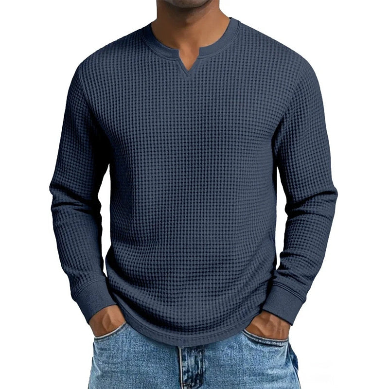 🍂 Men’s Slim-Fit Waffle-Knit V-Neck Shirt – Refined Comfort & Effortless Autumn Style