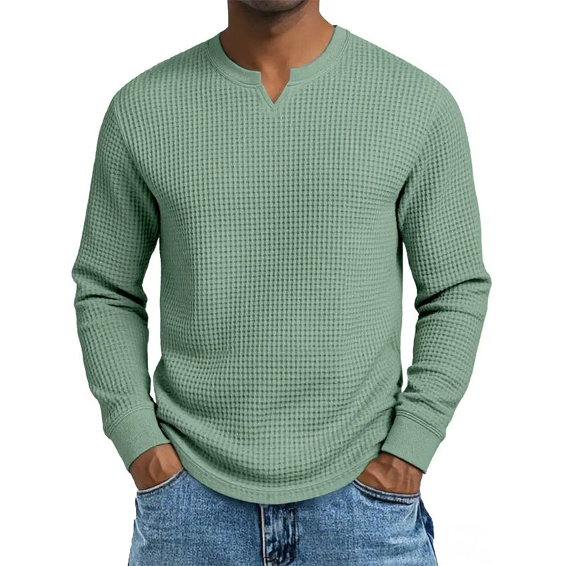 🍂 Men’s Slim-Fit Waffle-Knit V-Neck Shirt – Refined Comfort & Effortless Autumn Style