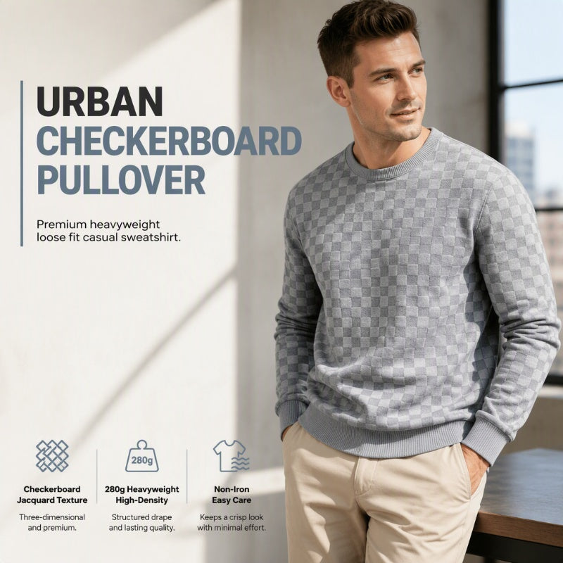 🍂 Men’s Checkerboard Print Crewneck Sweatshirt – Bold Casual Style & Everyday Autumn Comfort