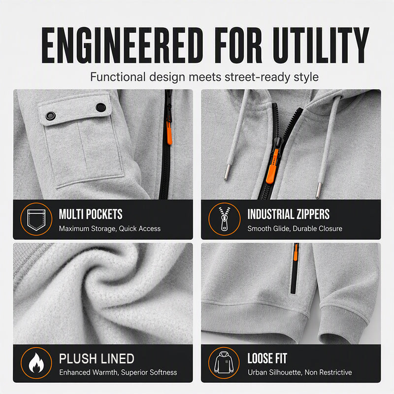 🍂 Men’s Full-Zip Hooded Cargo Jacket – Rugged, Practical & Effortlessly Stylish