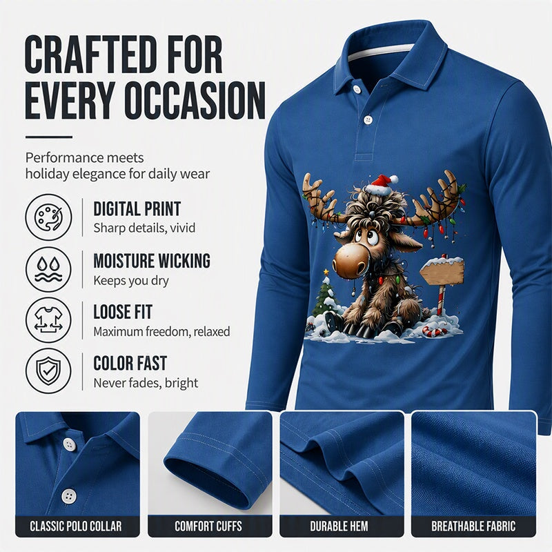🍂🦌Men's Moose Print Long Sleeve Collared Top – Casual, Comfortable & Effortlessly Stylish