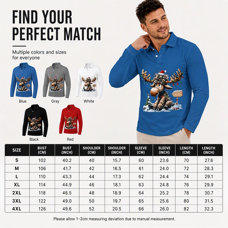 🍂🦌Men's Moose Print Long Sleeve Collared Top – Casual, Comfortable & Effortlessly Stylish