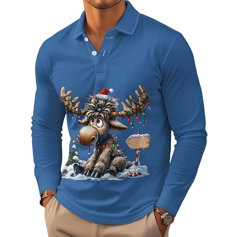🍂🦌Men's Moose Print Long Sleeve Collared Top – Casual, Comfortable & Effortlessly Stylish