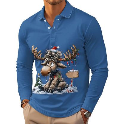 🍂🦌Men's Moose Print Long Sleeve Collared Top – Casual, Comfortable & Effortlessly Stylish