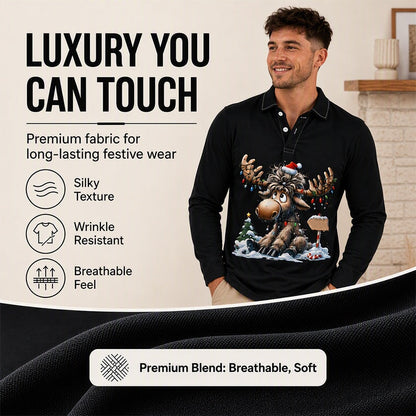 🍂🦌Men's Moose Print Long Sleeve Collared Top – Casual, Comfortable & Effortlessly Stylish