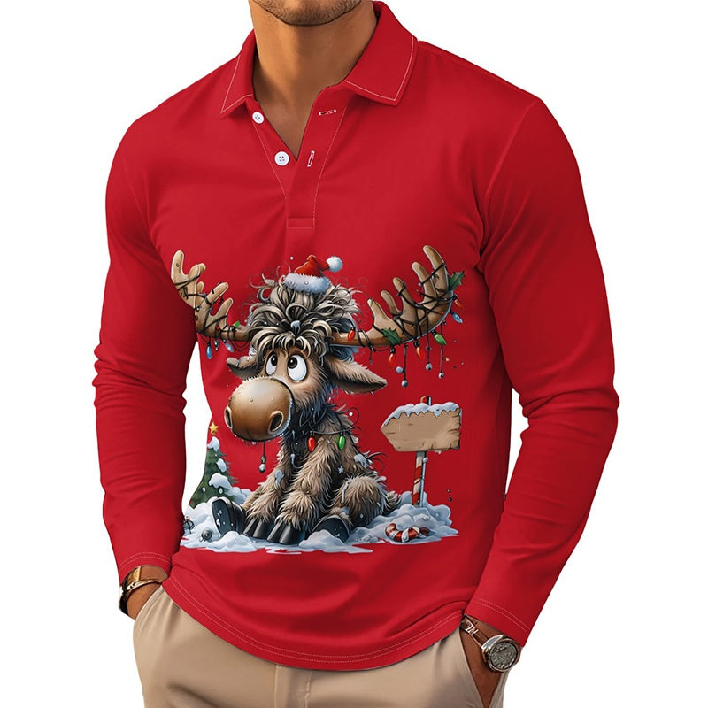 🍂🦌Men's Moose Print Long Sleeve Collared Top – Casual, Comfortable & Effortlessly Stylish