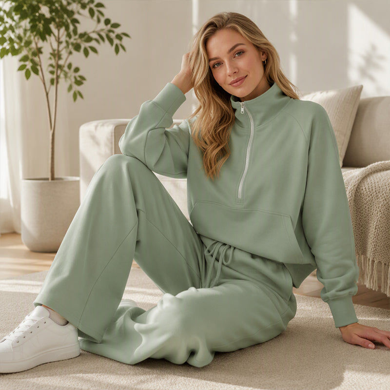 🌸Hot Sale 50% OFF🧶 Women's Lounge Set – Half-Zip Top & Wide-Leg Pants, Soft & Easy