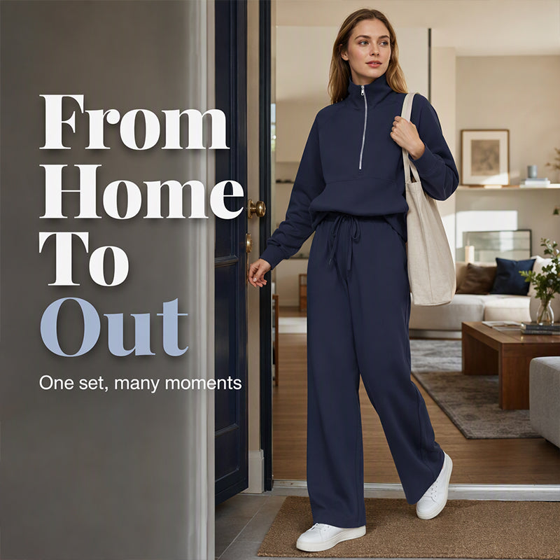 🌸Hot Sale 50% OFF🧶 Women's Lounge Set – Half-Zip Top & Wide-Leg Pants, Soft & Easy