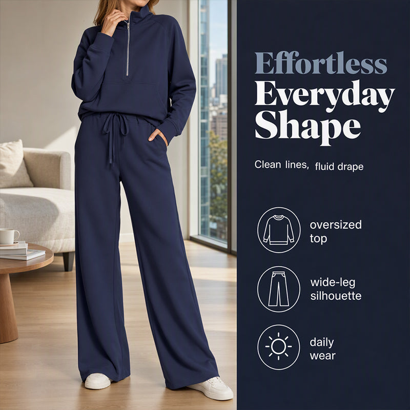 🌸Hot Sale 50% OFF🧶 Women's Lounge Set – Half-Zip Top & Wide-Leg Pants, Soft & Easy