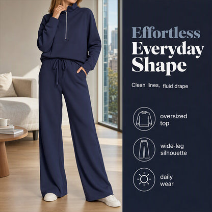 🌸Hot Sale 50% OFF🧶 Women's Lounge Set – Half-Zip Top & Wide-Leg Pants, Soft & Easy