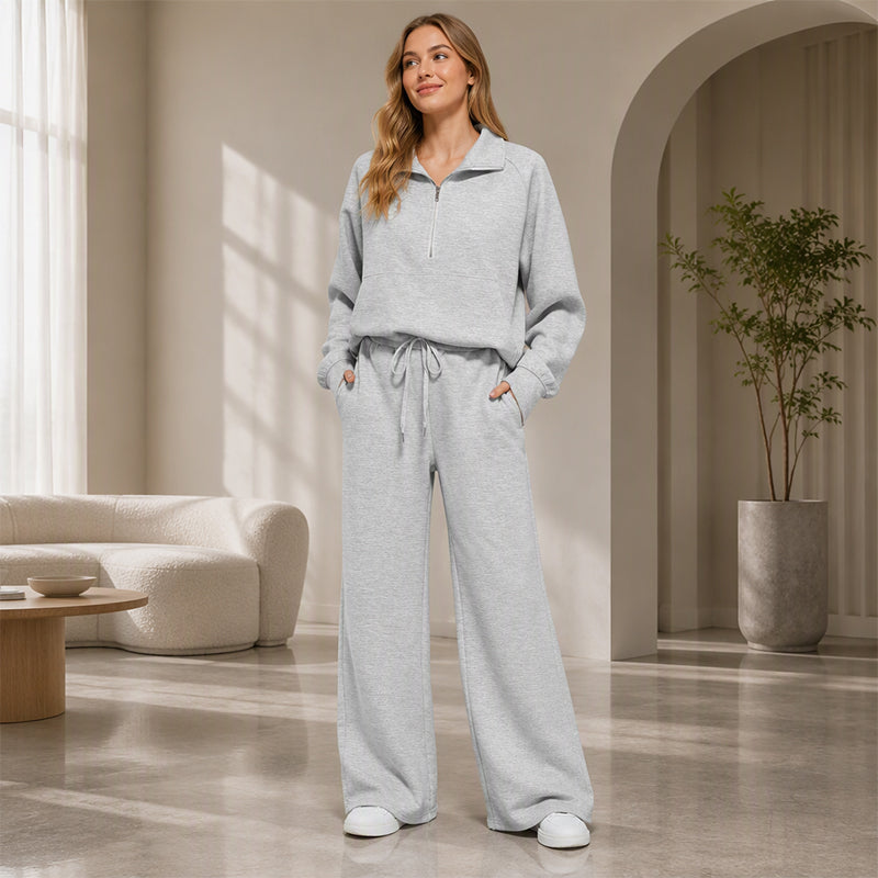 🌸Hot Sale 50% OFF🧶 Women's Lounge Set – Half-Zip Top & Wide-Leg Pants, Soft & Easy
