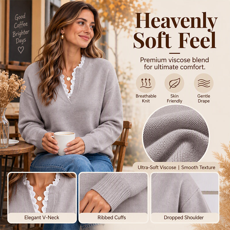 🌸Hot Sale 50% OFF💖Women's Mock Neck Lace Trim Knit Sweater