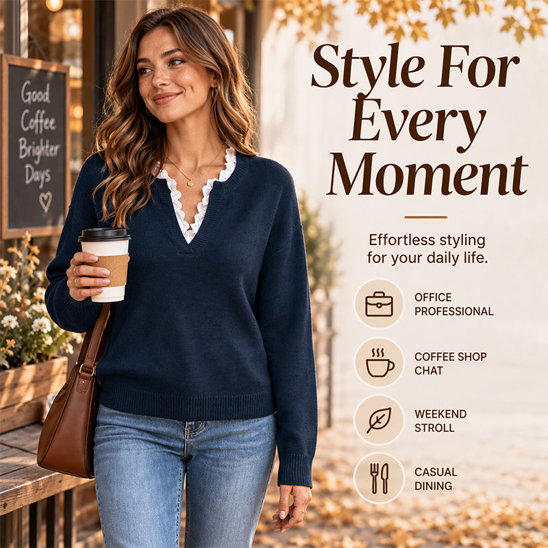 🌸Hot Sale 50% OFF💖Women's Mock Neck Lace Trim Knit Sweater