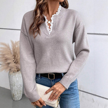 🌸Hot Sale 50% OFF💖Women's Mock Neck Lace Trim Knit Sweater