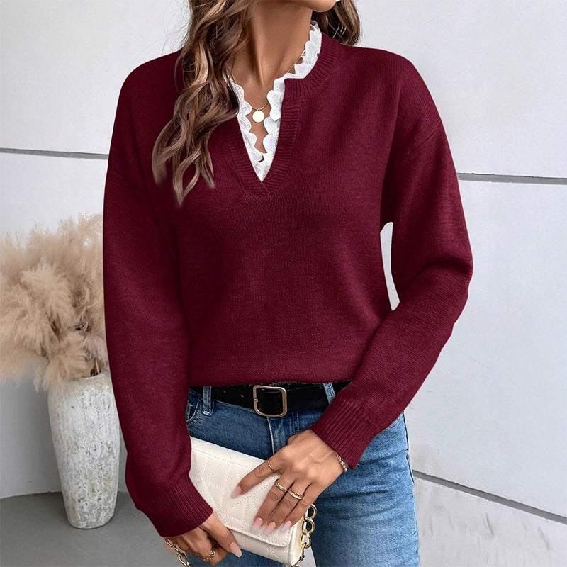 🌸Hot Sale 50% OFF💖Women's Mock Neck Lace Trim Knit Sweater