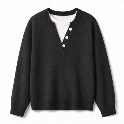 Casual Mock Two Piece V Neck Knit Sweater with Button Details