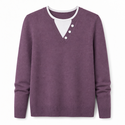 🌸Hot Sale 50% OFF💖Casual Mock Two Piece V Neck Knit Sweater with Button Details