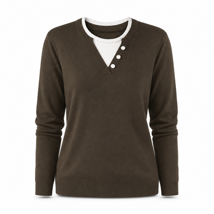 🌸Hot Sale 50% OFF💖Casual Mock Two Piece V Neck Knit Sweater with Button Details