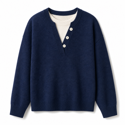 🌸Hot Sale 50% OFF💖Casual Mock Two Piece V Neck Knit Sweater with Button Details