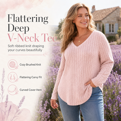 💖Black Friday Mega Deal – 50% off!💖 Women's Plus Size V Neck Long Sleeve Ribbed Brushed T-Shirt Loose Fit Solid Color Pullover Top