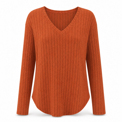 💖Black Friday Mega Deal – 50% off!💖 Women's Plus Size V Neck Long Sleeve Ribbed Brushed T-Shirt Loose Fit Solid Color Pullover Top