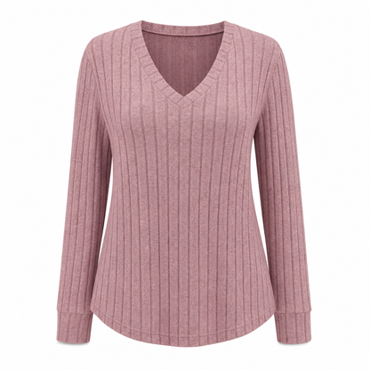 💖Black Friday Mega Deal – 50% off!💖 Women's Plus Size V Neck Long Sleeve Ribbed Brushed T-Shirt Loose Fit Solid Color Pullover Top