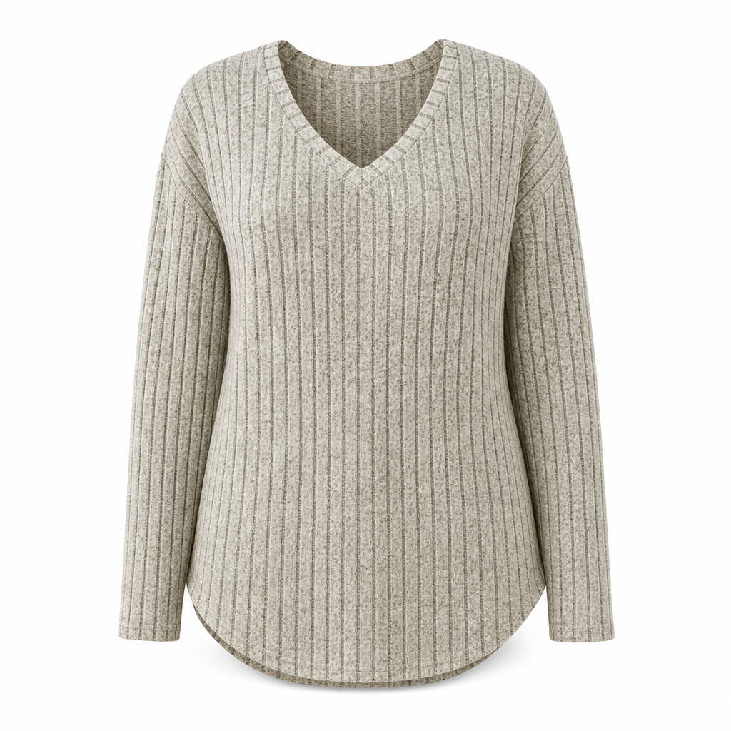 💖Black Friday Mega Deal – 50% off!💖 Women's Plus Size V Neck Long Sleeve Ribbed Brushed T-Shirt Loose Fit Solid Color Pullover Top