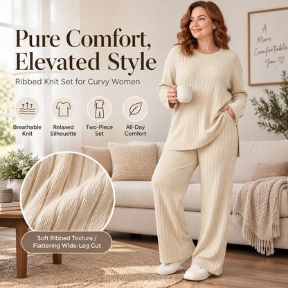 Women's Ribbed Knit Side-Slit Top & Pants Set