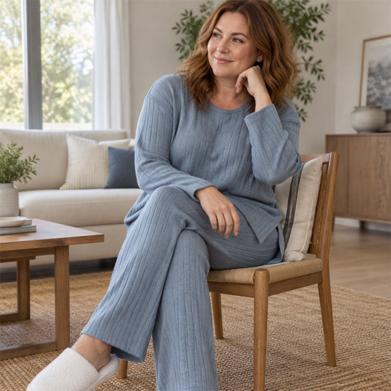 Women's Ribbed Knit Side-Slit Top & Pants Set