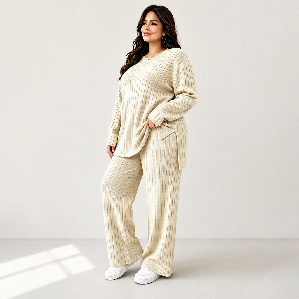 Women's Ribbed Knit Side-Slit Top & Pants Set