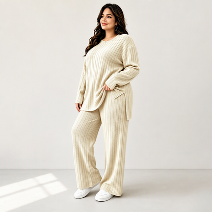 Women's Ribbed Knit Side-Slit Top & Pants Set