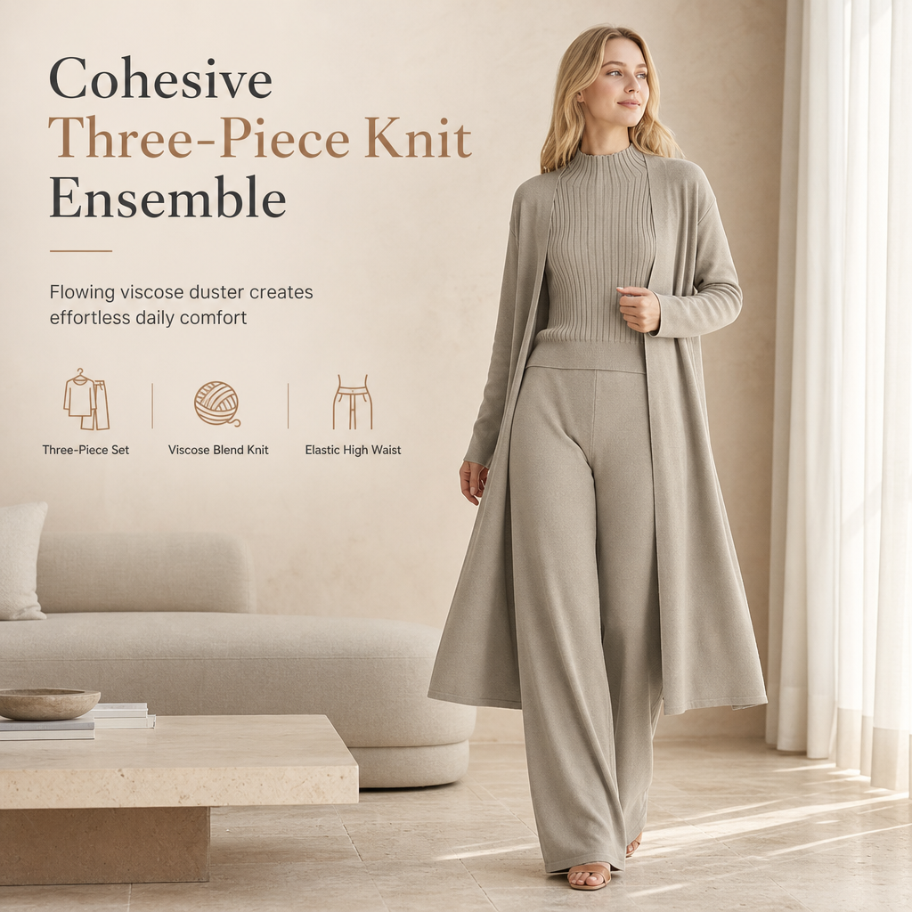Women Casual Fall Winter 3-Piece Knit Set Sleeveless Vest Cardigan Sweater and Pants Outfit