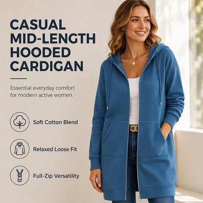 🍂Autumn Hot Sale 50% OFF🔥Women Mid-Length Hooded Sweatshirt Jacket Casual Zip Up Cardigan Coat with Pockets