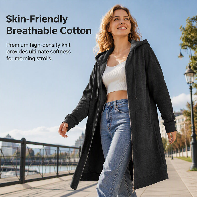 🍂Autumn Hot Sale 50% OFF🔥Women Mid-Length Hooded Sweatshirt Jacket Casual Zip Up Cardigan Coat with Pockets