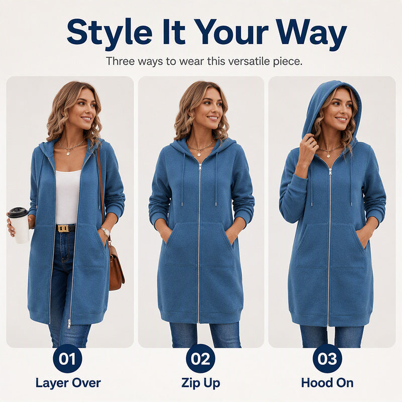 🍂Autumn Hot Sale 50% OFF🔥Women Mid-Length Hooded Sweatshirt Jacket Casual Zip Up Cardigan Coat with Pockets