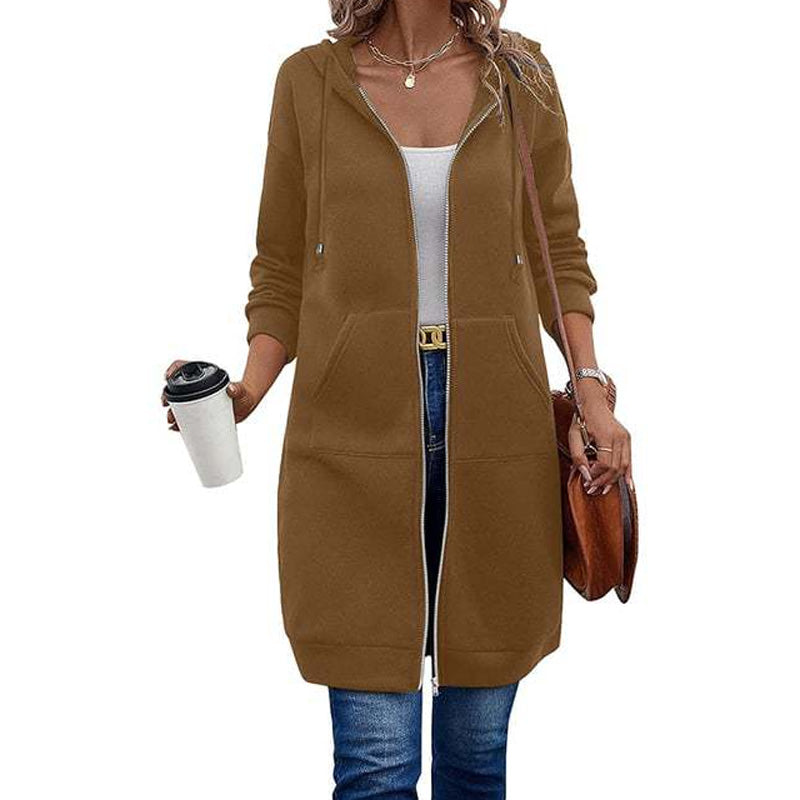 🍂Autumn Hot Sale 50% OFF🔥Women Mid-Length Hooded Sweatshirt Jacket Casual Zip Up Cardigan Coat with Pockets