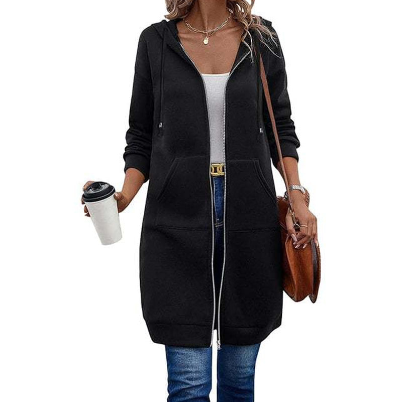 🍂Autumn Hot Sale 50% OFF🔥Women Mid-Length Hooded Sweatshirt Jacket Casual Zip Up Cardigan Coat with Pockets