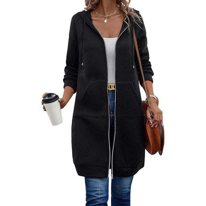 🍂Autumn Hot Sale 50% OFF🔥Women Mid-Length Hooded Sweatshirt Jacket Casual Zip Up Cardigan Coat with Pockets
