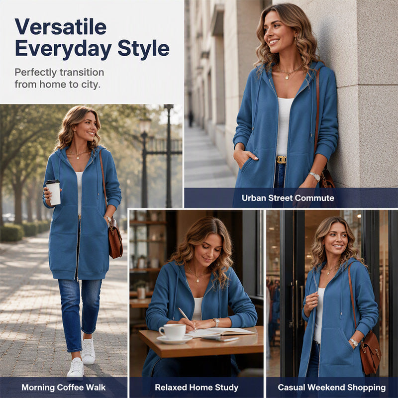 🍂Autumn Hot Sale 50% OFF🔥Women Mid-Length Hooded Sweatshirt Jacket Casual Zip Up Cardigan Coat with Pockets