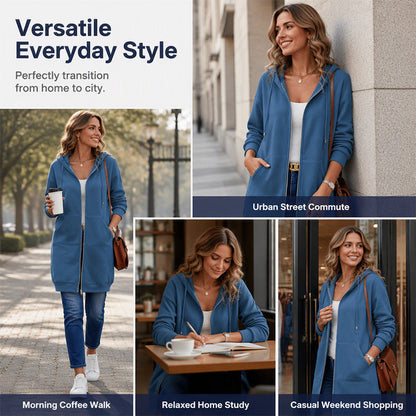 🍂Autumn Hot Sale 50% OFF🔥Women Mid-Length Hooded Sweatshirt Jacket Casual Zip Up Cardigan Coat with Pockets