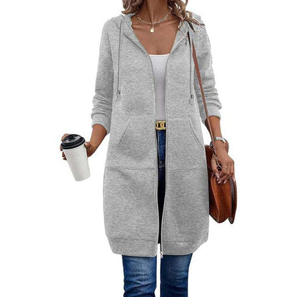 🍂Autumn Hot Sale 50% OFF🔥Women Mid-Length Hooded Sweatshirt Jacket Casual Zip Up Cardigan Coat with Pockets