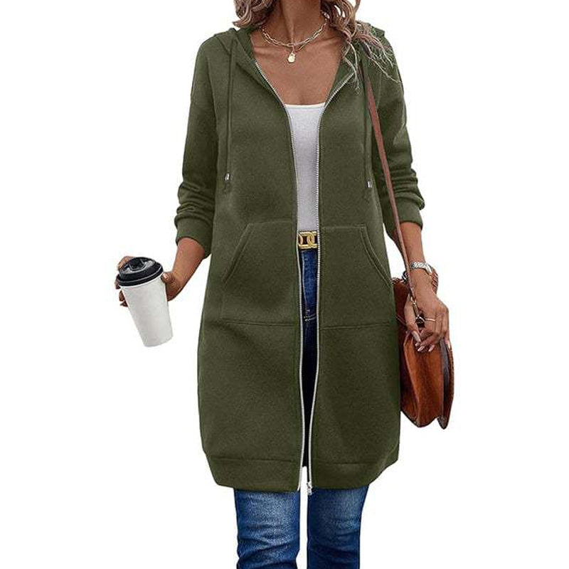 🍂Autumn Hot Sale 50% OFF🔥Women Mid-Length Hooded Sweatshirt Jacket Casual Zip Up Cardigan Coat with Pockets