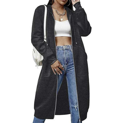 🍂Autumn Hot Sale 50% OFF🔥Women Mid-Length Hooded Sweatshirt Jacket Casual Zip Up Cardigan Coat with Pockets