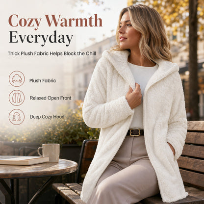 💥New & Trending 🧥 Women's Casual Plush Hooded Cardigan Coat ✨ plush fabric, hooded design, open front casual outerwear